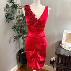 Xscape Red Satin One-Shoulder Midi Dress with Rosette Accents